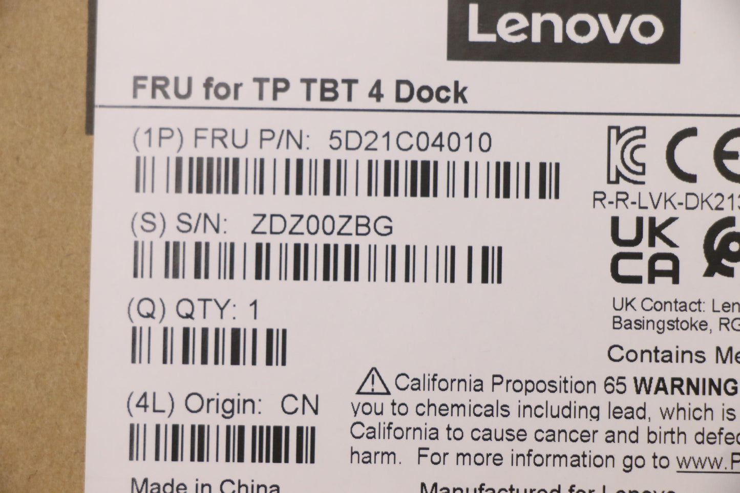 Lenovo Docking Fru For Tp Tbt 4 Dock - 5D21C04010