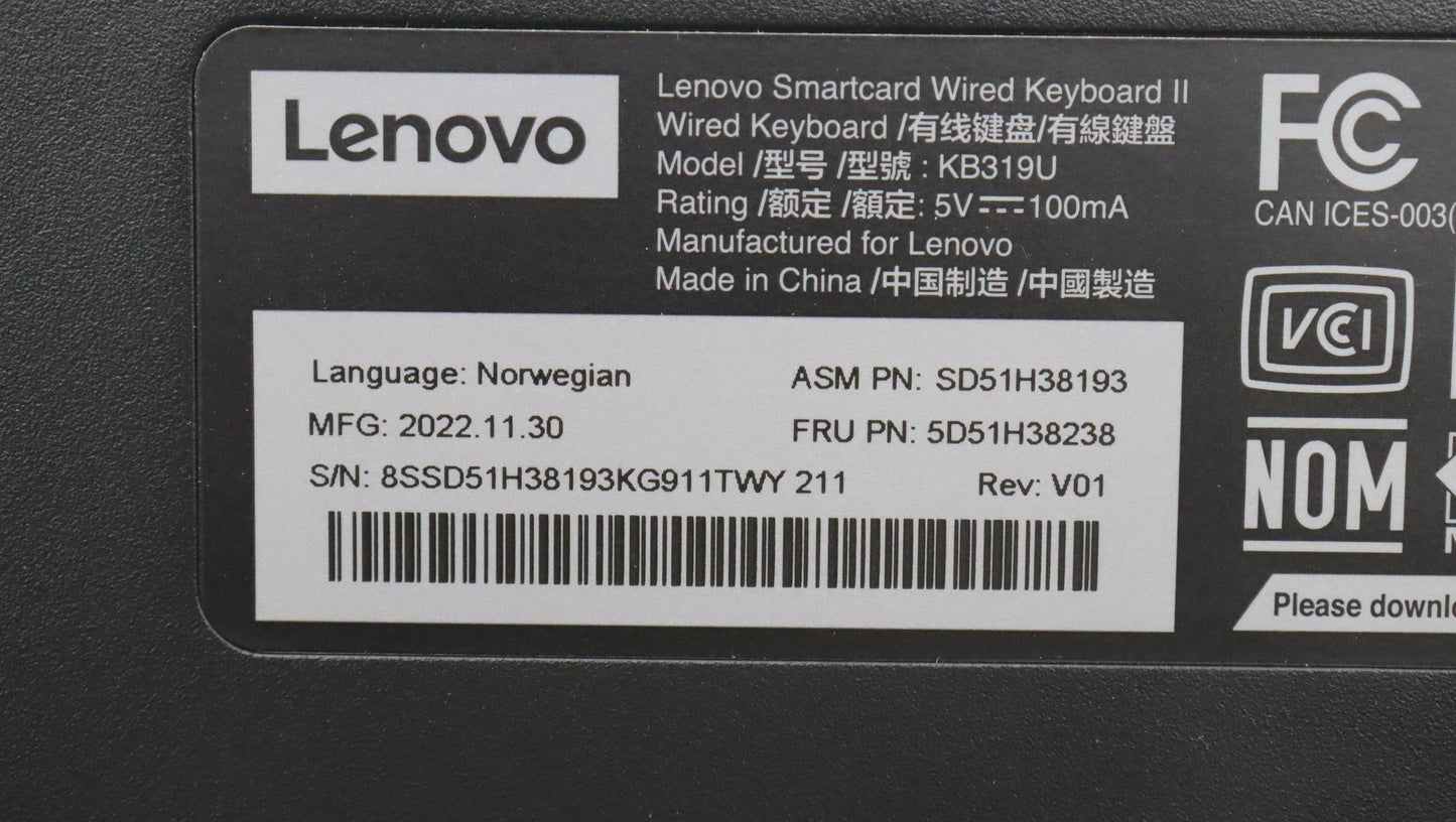 Lenovo Dt_Kyb Smc Kbd-Norwegian - 5D51H38238