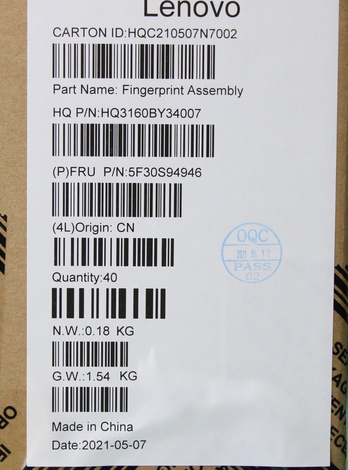 Lenovo Finger_Prt Fp Bd H 20Wh W/Hold - 5F30S94946