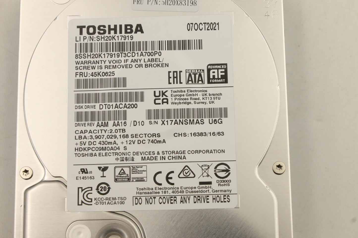 Lenovo Hdd_Asm Fru Tosh 3.5 7.2K Sata - 5H20X83198