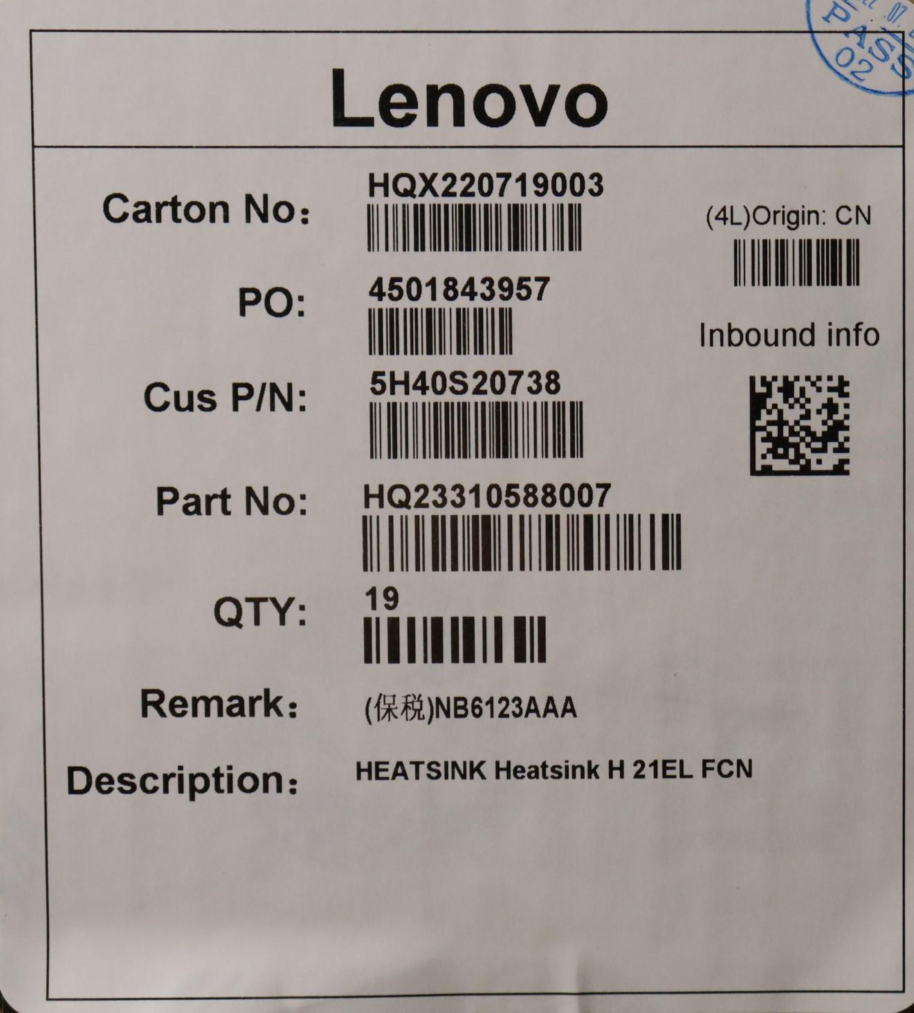 Lenovo Heatsink Heatsink H 21El Fcn - 5H40S20738