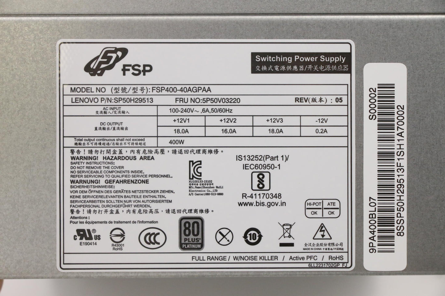 Lenovo Pwr_Supply 100-240Vac,400W 92% - 5P50V03220