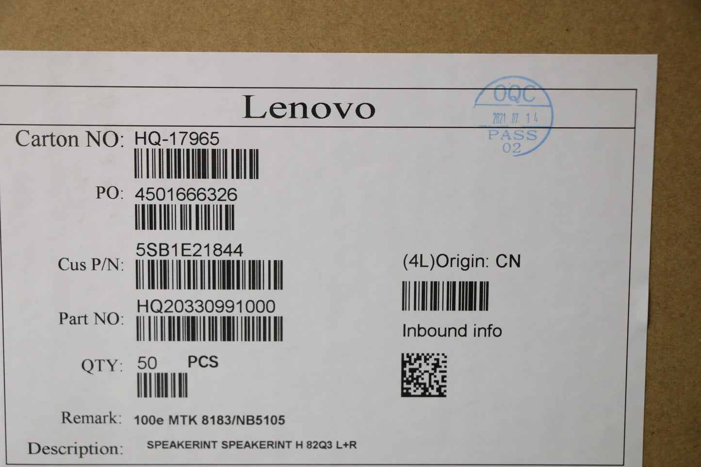 Lenovo (5SB1E21844) Internal Speakers, Left and Right Channels