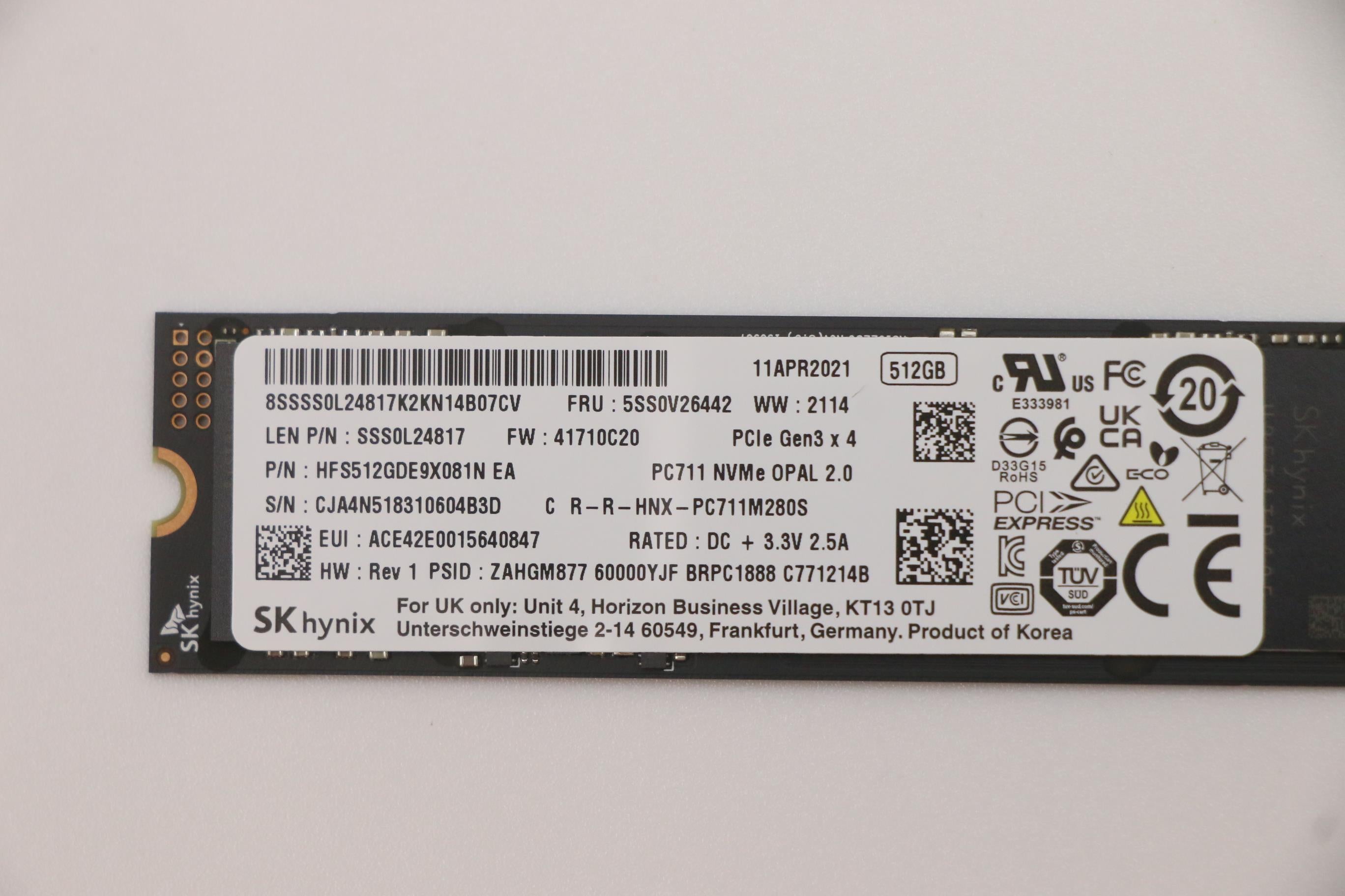 Lenovo 512GB SSD, M.2 2280, PCIe 3x4, OPAL, SK Hynix - 5SS0V26442