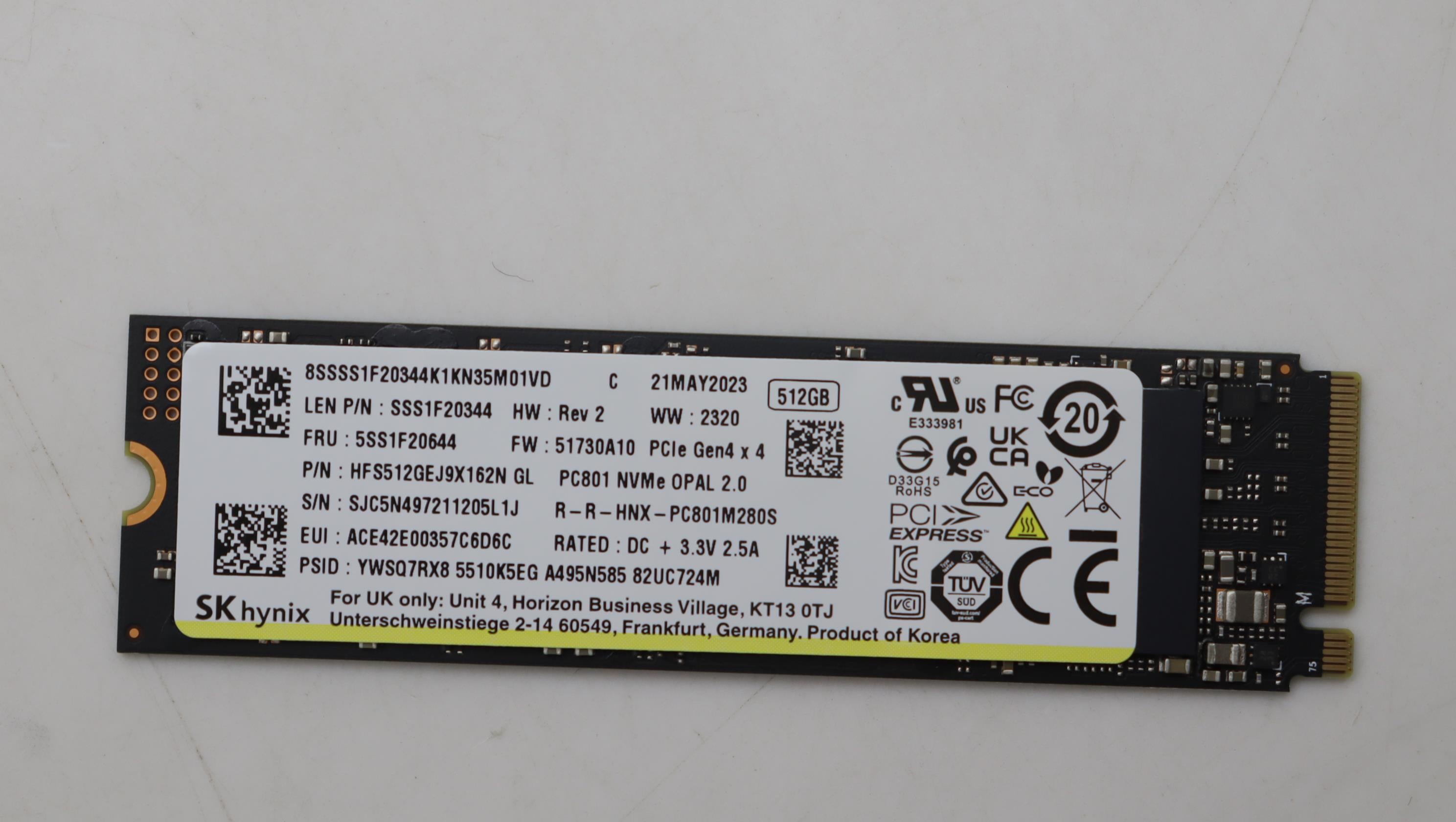 Lenovo 512GB M.2 SSD, 2280, PCIe4X4, OPAL, SK Hynix - 5SS1F20644