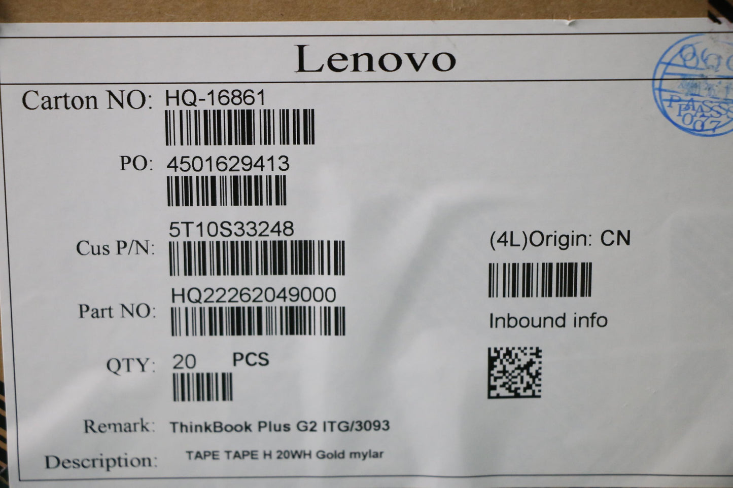 Lenovo Tape Tape H 20Wh Gold Mylar - 5T10S33248