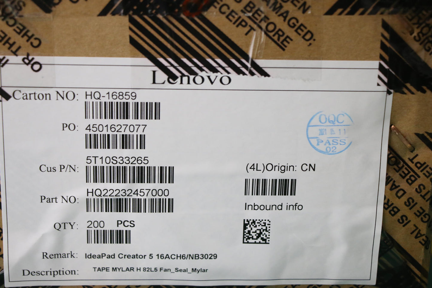 Lenovo Tape Mylar H 82L5 Fan_Seal_Myl - 5T10S33265