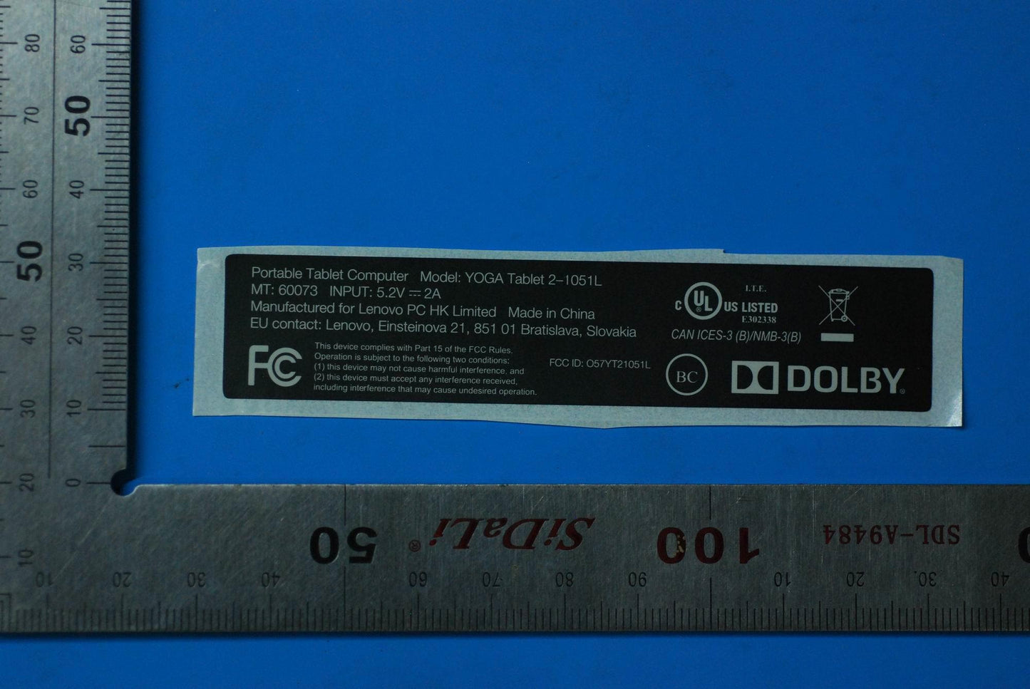 Lenovo Blade2-10W-H Rating Label_Us - SL19A6N2H3