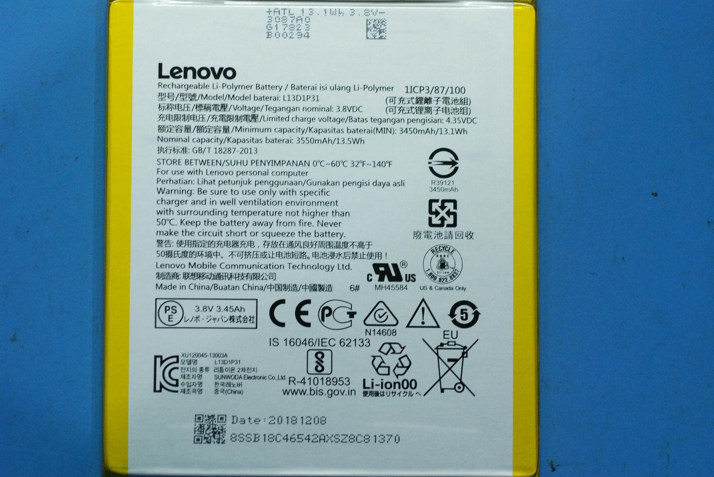 Lenovo SB18C46542 (B/S)Xwd-A-Lb L13D1P31 3.8V13.